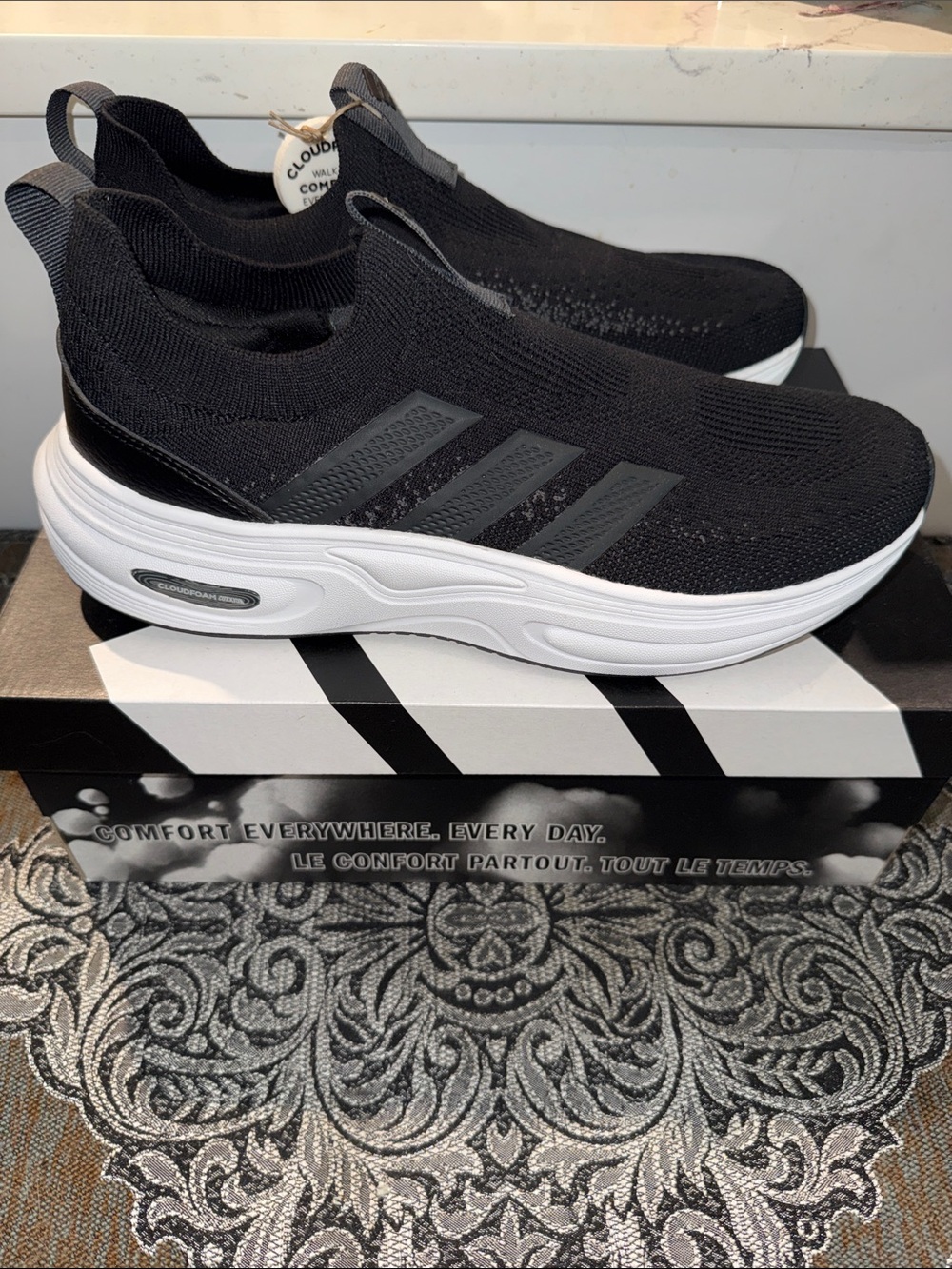 Adidas Cloudfoam Cuxxion Sock Black and White Slip-On Knit Sneakers